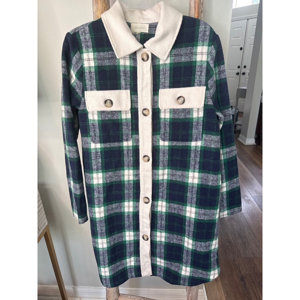 Melloday Plaid Colorblock Shacket (shirt-jacket) green blue cream tartan paid S